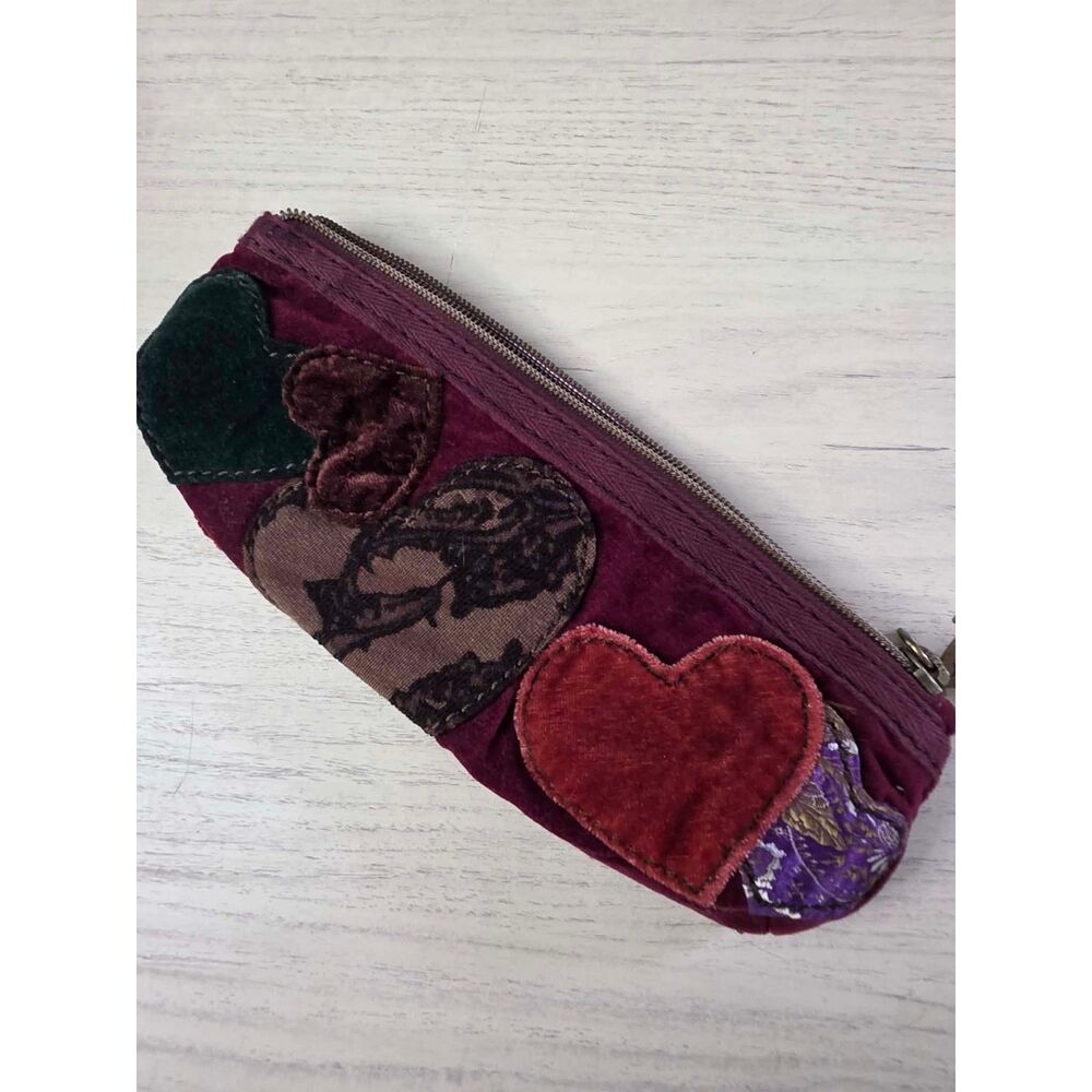 Y2K Lucky Brand Velvet Corduroy Heart Appliqué Zip Pouch Clutch Boho